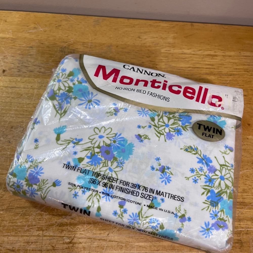 Vtg Cannon Monticello Twin Flat Sheet Blue Floral Field Flowers Made USA NEW